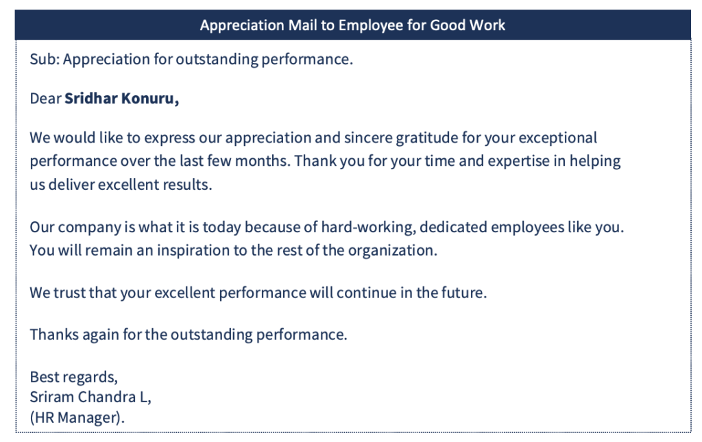 Appreciating an employee for hard work