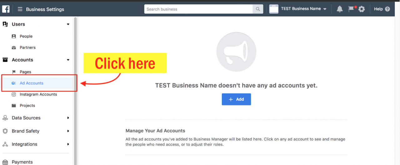 Create an ad account in facebook business manager