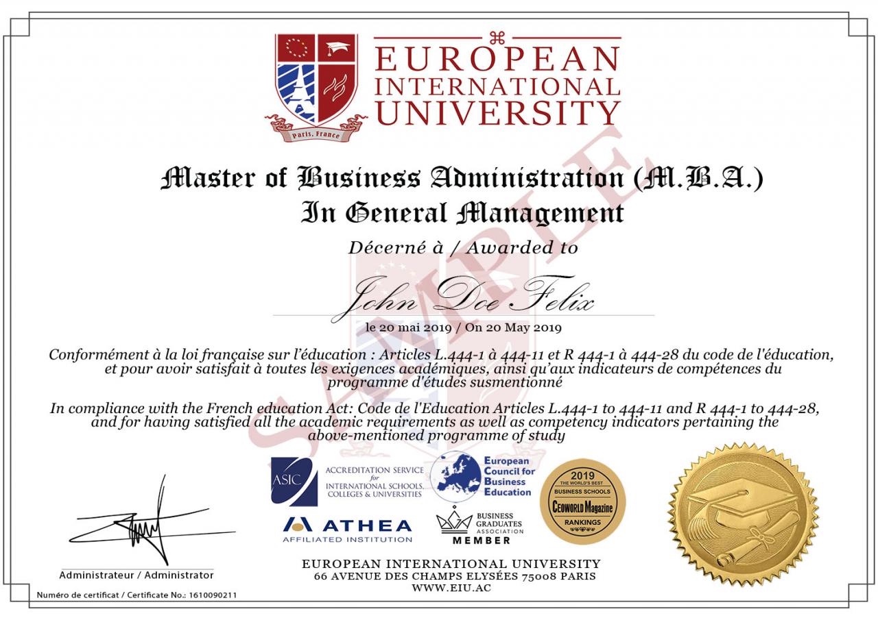 Degree code for an international masters of business administration