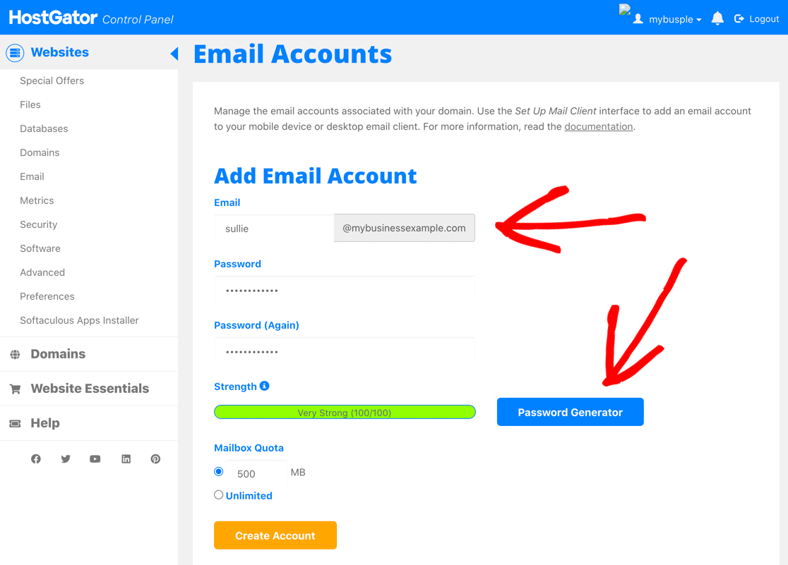 Create an email account with business name